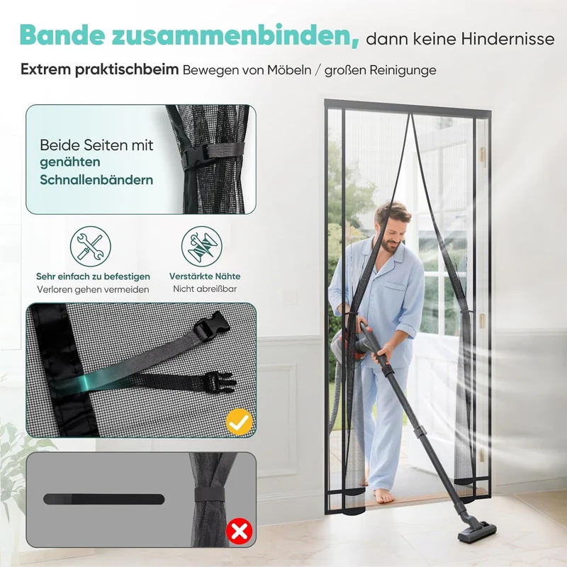 Sekey Magnet Fliegengitter für Balkontür – Zuschneidbar, Insektenschutz ohne Bohren, mit 4 cm Klettband & Doppelnähten, Schwarz – Ideal für Balkon, Terrasse & Schlafzimmer