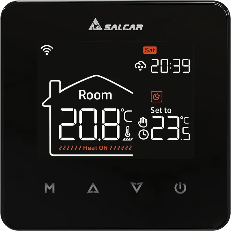 Salcar WLAN Thermostat für elektrische Fußbodenheizung – Smart Raumthermostat mit LCD-Touchscreen, 16A, programmierbar, kompatibel mit Amazon Alexa & Google Assistant, Schwarz