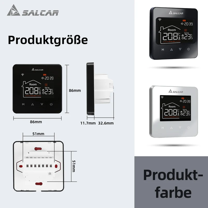 Salcar WLAN Thermostat für elektrische Fußbodenheizung – Smart Raumthermostat mit LCD-Touchscreen, 16A, programmierbar, kompatibel mit Amazon Alexa & Google Assistant, Schwarz