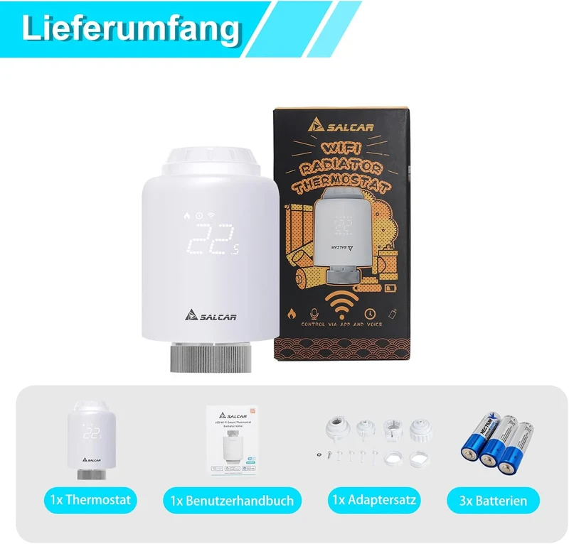 Salcar TRV603 Smartes Heizkörperthermostat WLAN – Programmierbares WiFi Thermostat mit Tuya Smart App, kompatibel mit Amazon Alexa & Google Assistant, ohne Gateway
