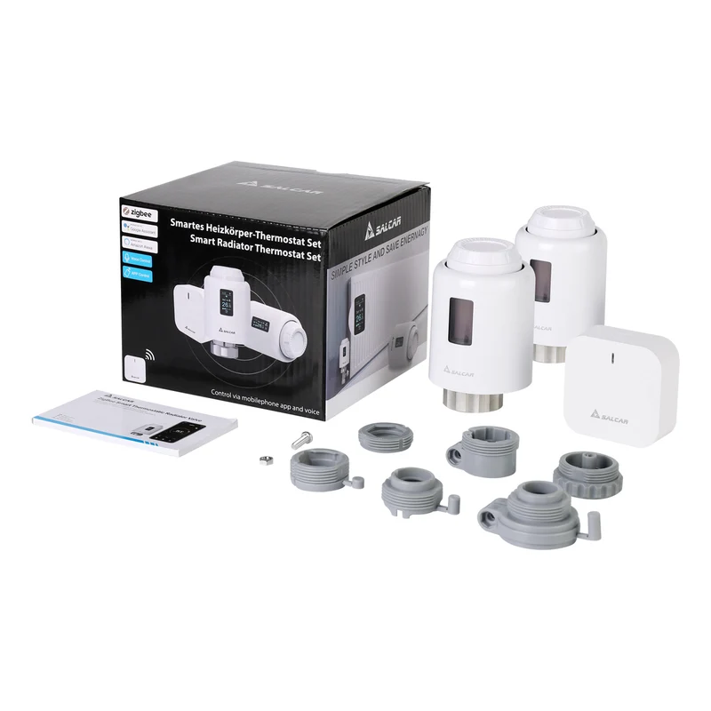 Salcar ZigBee Heizkörperthermostat Set 2er – Smartes Heizkörperthermostat mit Gateway & OLED-Display, Tuya Smart App, programmierbar, kompatibel mit Amazon Alexa & Google Assistant