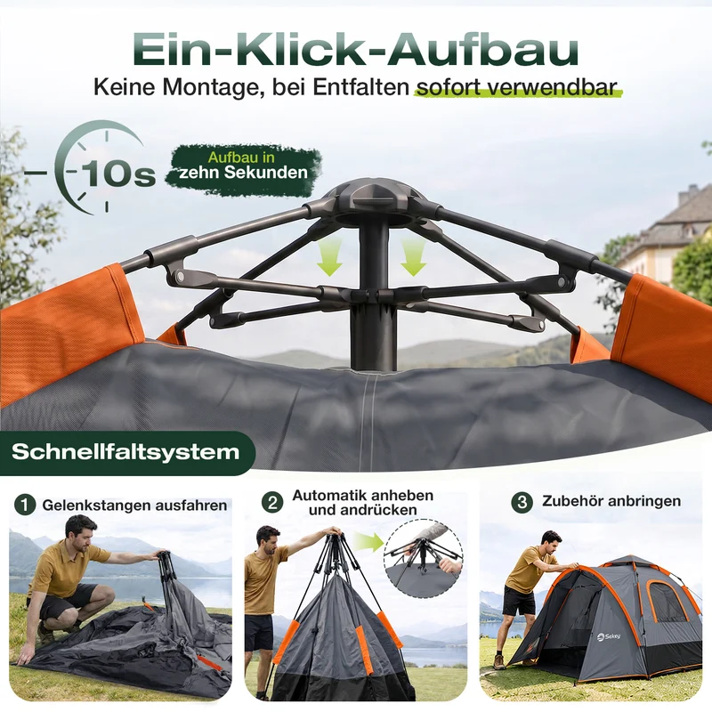 Sekey 2-Personen Campingzelt mit Hydraulik Pop-up System – Wurfzelt 2-in-1, wasserdicht PU3000+, UV50+ Schutz, Kuppelzelt mit Vorzelt & Markise für Outdoor & Familie, Grau