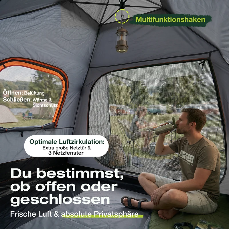Sekey 2-Personen Campingzelt mit Hydraulik Pop-up System – Wurfzelt 2-in-1, wasserdicht PU3000+, UV50+ Schutz, Kuppelzelt mit Vorzelt & Markise für Outdoor & Familie, Grau