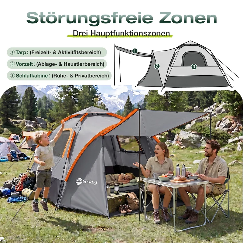 Sekey 2-Personen Campingzelt mit Hydraulik Pop-up System – Wurfzelt 2-in-1, wasserdicht PU3000+, UV50+ Schutz, Kuppelzelt mit Vorzelt & Markise für Outdoor & Familie, Grau