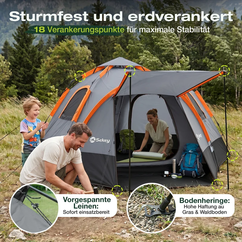Sekey 2-Personen Campingzelt mit Hydraulik Pop-up System – Wurfzelt 2-in-1, wasserdicht PU3000+, UV50+ Schutz, Kuppelzelt mit Vorzelt & Markise für Outdoor & Familie, Grau