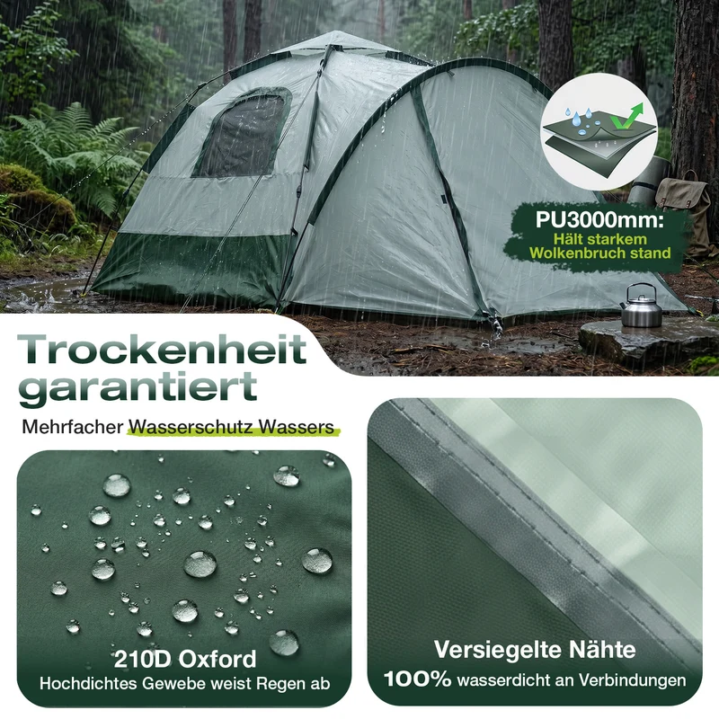 Sekey 2-Personen Campingzelt mit Hydraulik Pop-up System – Wurfzelt wasserdicht PU3000+, UV50+ Schutz, 2-in-1 Kuppelzelt mit Vorzelt & Markise für Outdoor & Familie