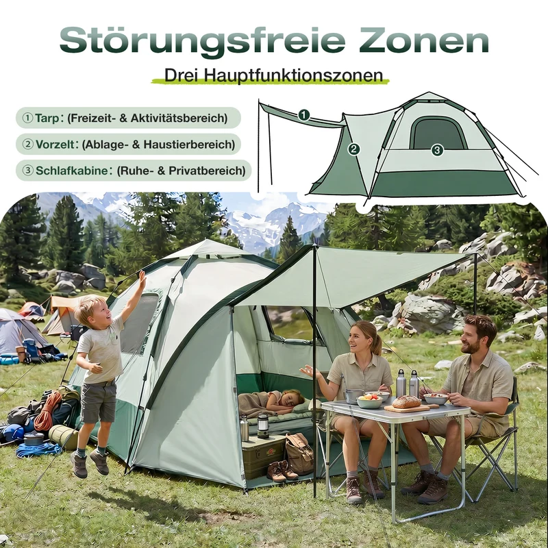 Sekey 2-Personen Campingzelt mit Hydraulik Pop-up System – Wurfzelt wasserdicht PU3000+, UV50+ Schutz, 2-in-1 Kuppelzelt mit Vorzelt & Markise für Outdoor & Familie