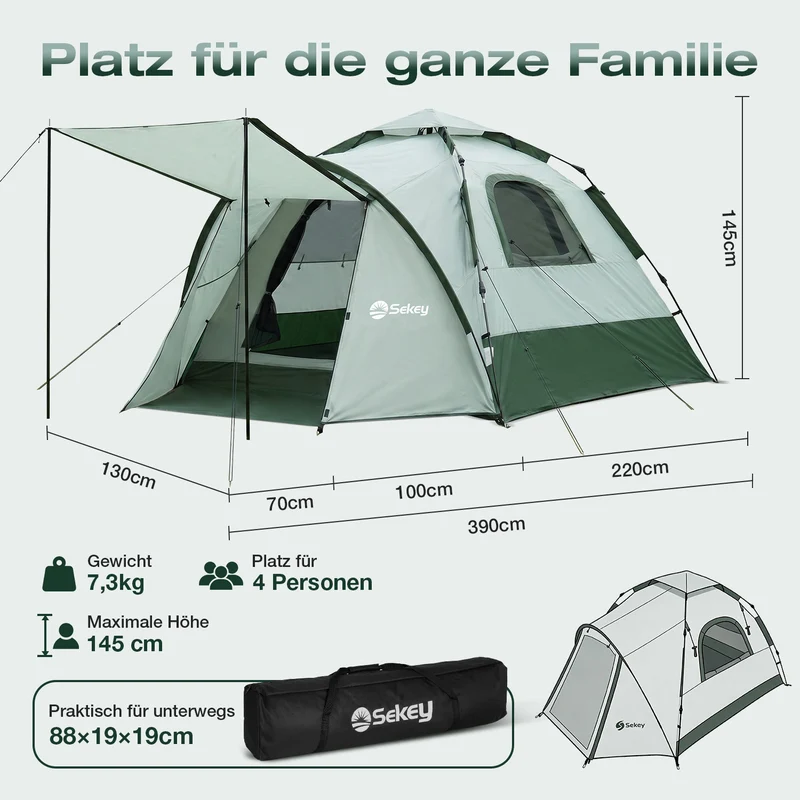 Sekey 2-Personen Campingzelt mit Hydraulik Pop-up System – Wurfzelt wasserdicht PU3000+, UV50+ Schutz, 2-in-1 Kuppelzelt mit Vorzelt & Markise für Outdoor & Familie