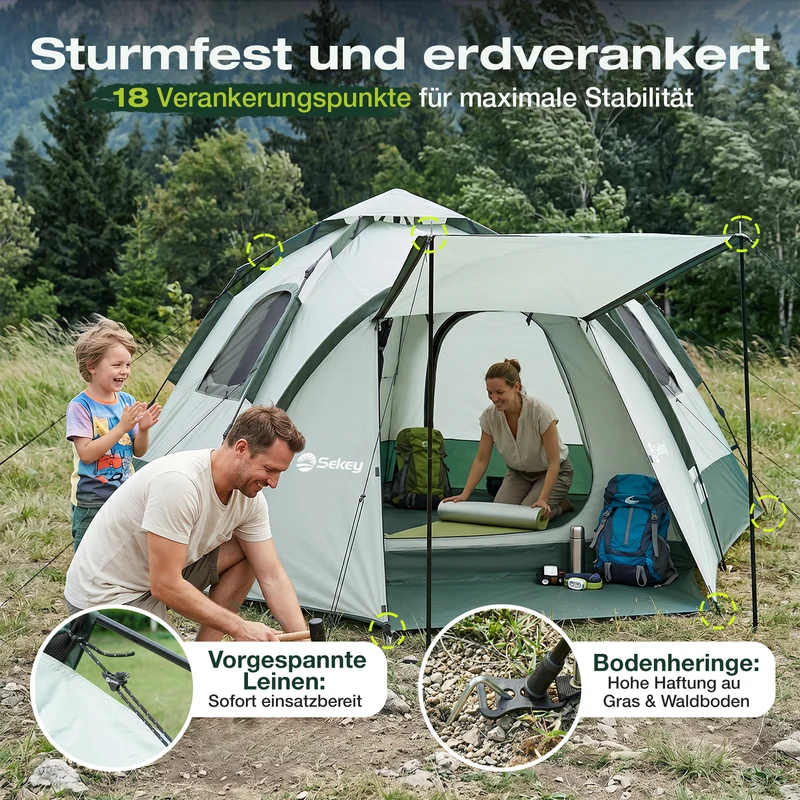 Sekey 2-Personen Campingzelt mit Hydraulik Pop-up System – Wurfzelt wasserdicht PU3000+, UV50+ Schutz, 2-in-1 Kuppelzelt mit Vorzelt & Markise für Outdoor & Familie
