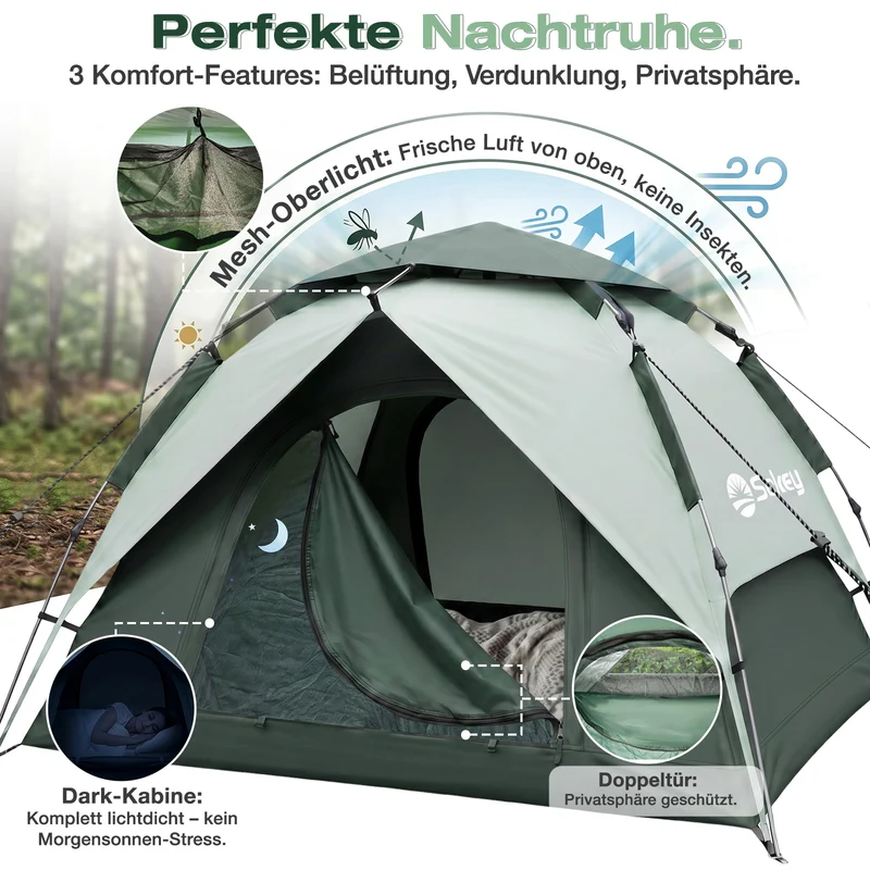 Sekey 2-Personen Kuppelzelt mit Hydraulik Pop-up System – Campingzelt wasserdicht PU3000+, UV50+ Sonnenschutz, 2-in-1 Strand- & Outdoor-Zelt mit Tragetasche