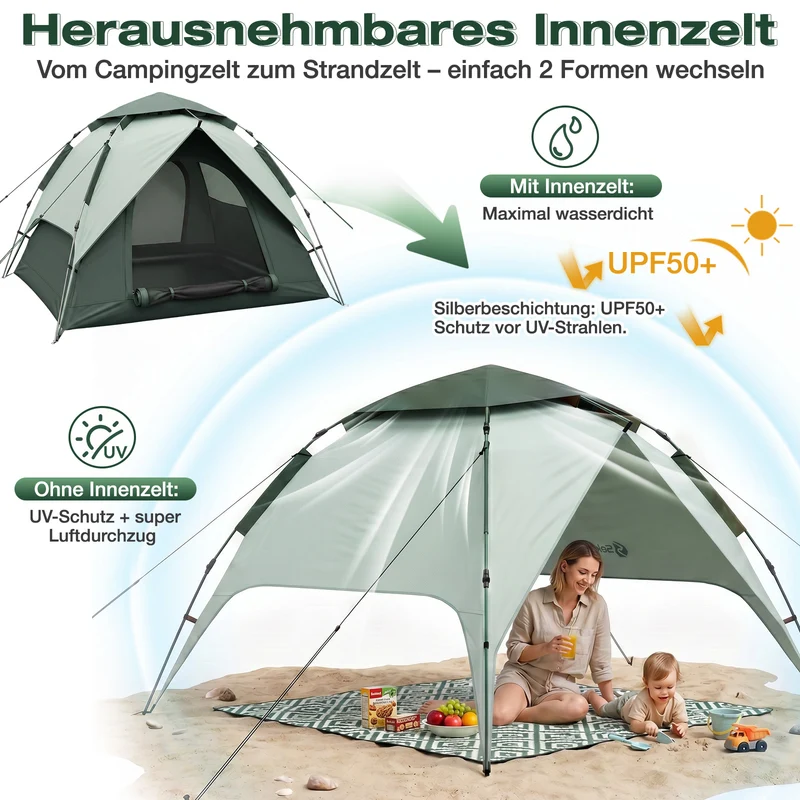 Sekey 2-Personen Kuppelzelt mit Hydraulik Pop-up System – Campingzelt wasserdicht PU3000+, UV50+ Sonnenschutz, 2-in-1 Strand- & Outdoor-Zelt mit Tragetasche