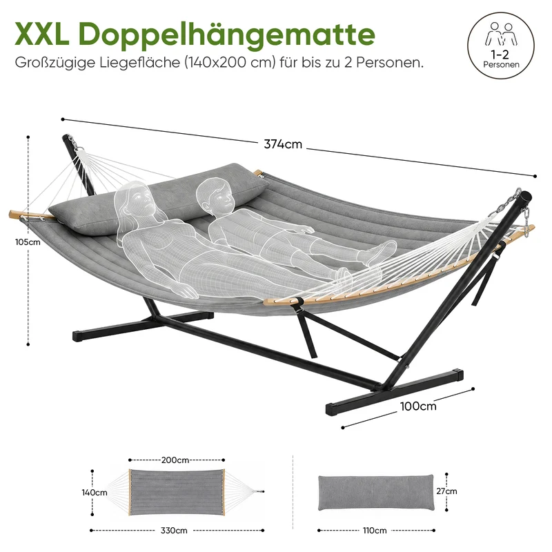 Sekey Hängemattengestell mit Doppelhängematte – Hängematte mit Gestell für 2 Personen, mit Kissen, bis 200 kg belastbar, für Garten, Balkon & Outdoor