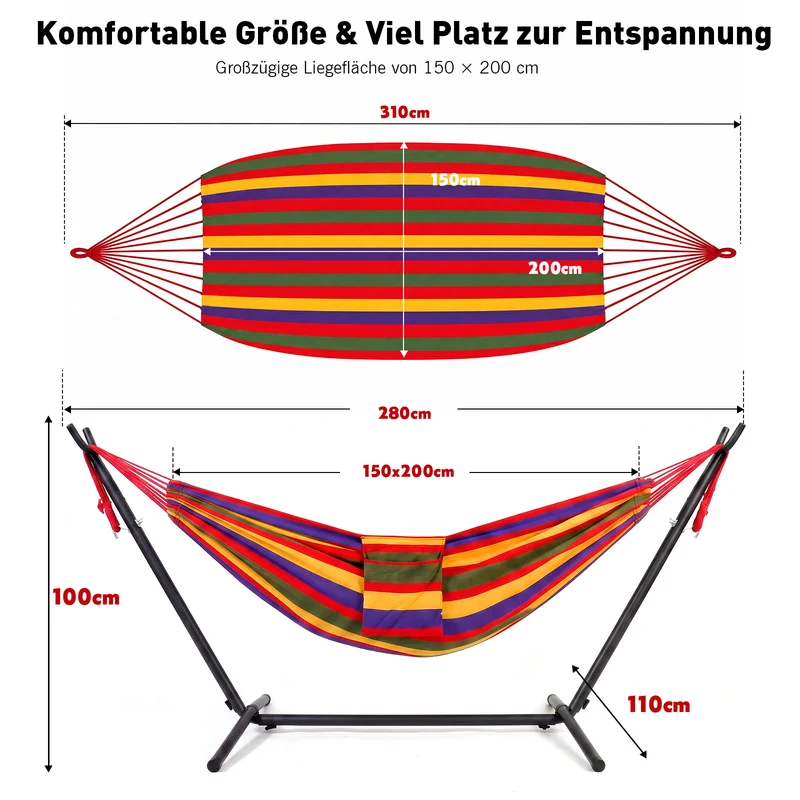 Sekey Hängematte mit Gestell – höhenverstellbare Doppelhängematte bis 200 kg, freistehend mit Stahlrahmen & 2 Tragetaschen für Garten, Balkon, Terrasse & Outdoor