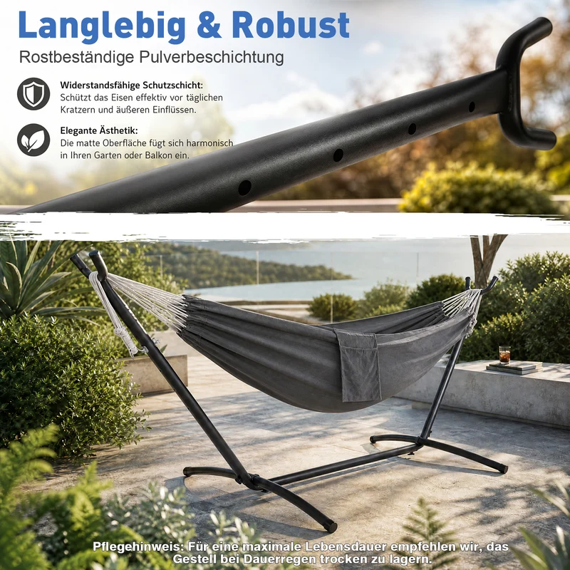 Sekey Hängematte mit Gestell – Höhenverstellbare Doppelhängematte bis 200 kg, freistehend mit Stahlrahmen & 2 Tragetaschen für Garten, Balkon, Terrasse, Camping & Indoor