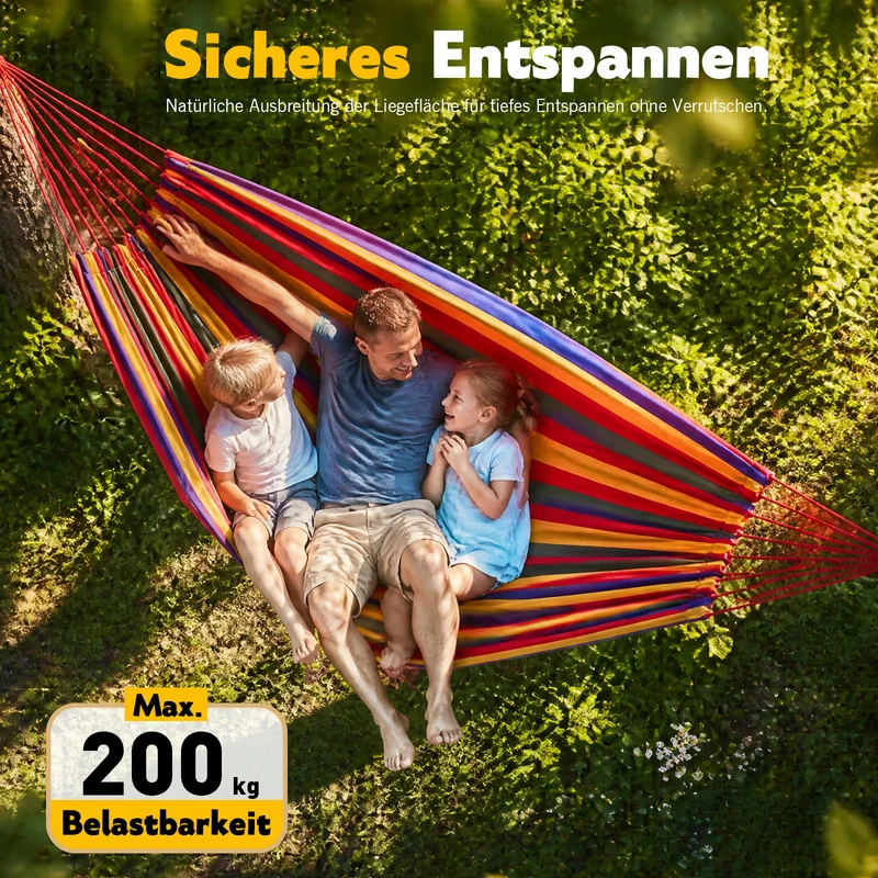 Sekey Doppelhängematte mit Karabinern & Baumwoll-Tragetasche – Outdoor Hängematte für 2 Personen, bis 200 kg belastbar, inkl. Aufhängeset für Garten, Balkon, Terrasse & Camping