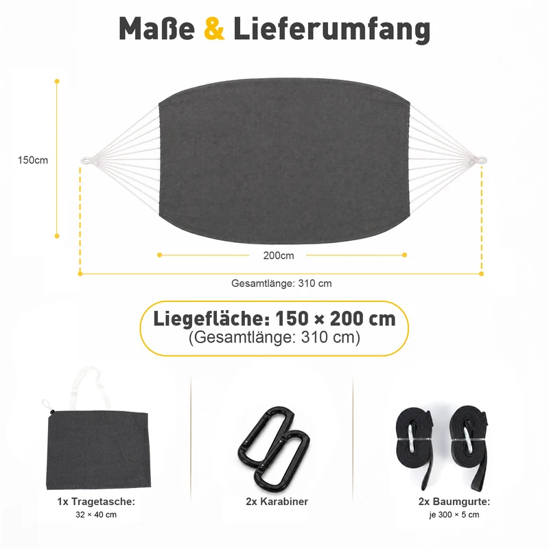 Sekey Doppelhängematte mit Karabinern & Baumwoll-Tragetasche – Outdoor Hängematte für 2 Personen, bis 200 kg belastbar, mit Aufhängeset für Garten, Balkon, Terrasse & Camping