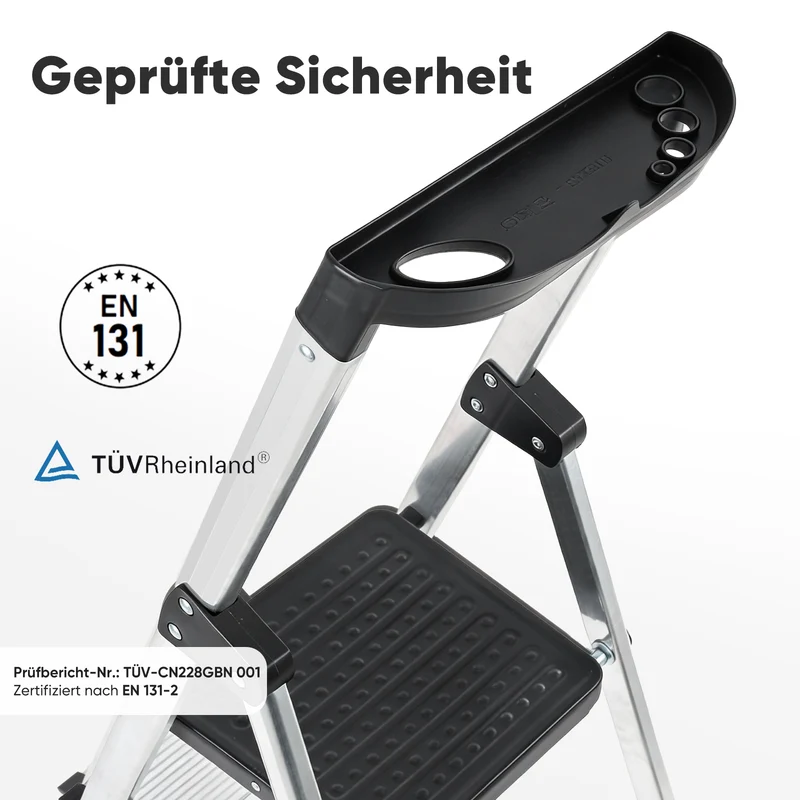 Sekey Aluminium Trittleiter 4/5 Stufen – Klappbar, Rutschfest, Mit Werkzeugablage, TÜV EN131-2, 140/160 cm, Bis 150 kg, Für Haushalt, Garage & Garten