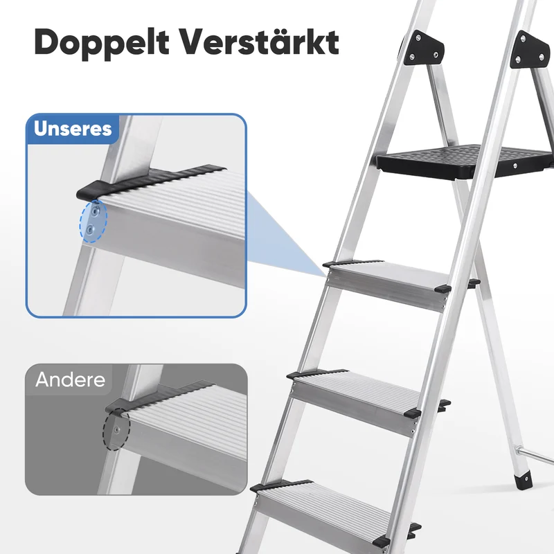 Sekey Aluminium Trittleiter 4/5 Stufen – Klappbar, Rutschfest, Mit Werkzeugablage, TÜV EN131-2, 140/160 cm, Bis 150 kg, Für Haushalt, Garage & Garten