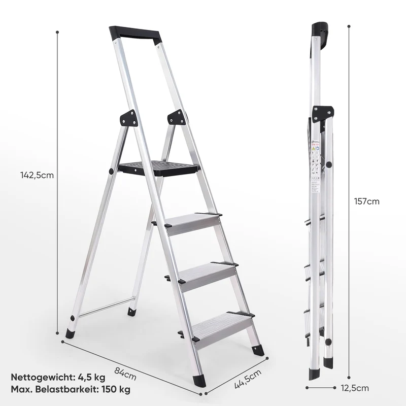 Sekey Aluminium Trittleiter 4/5 Stufen – Klappbar, Rutschfest, Mit Werkzeugablage, TÜV EN131-2, 140/160 cm, Bis 150 kg, Für Haushalt, Garage & Garten