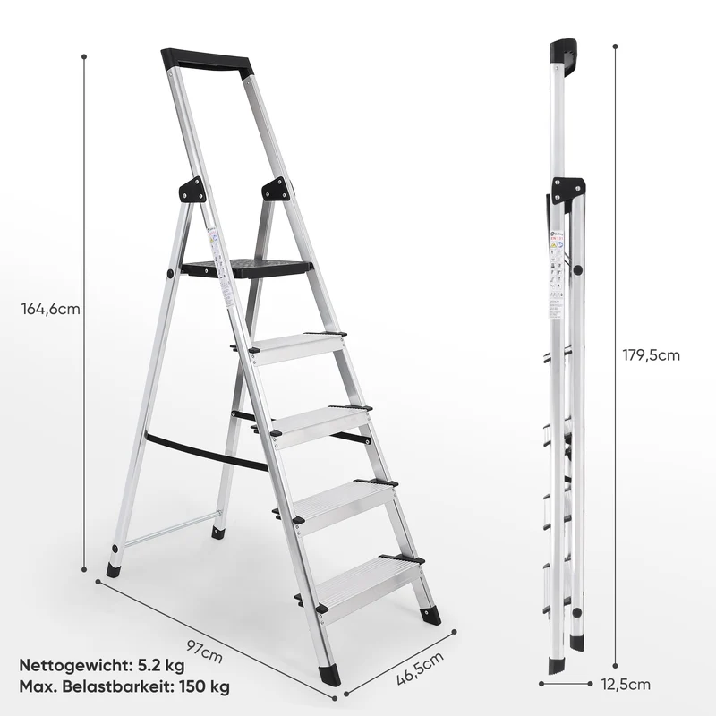 Sekey Aluminium Trittleiter 4/5 Stufen – Klappbar, Rutschfest, Mit Werkzeugablage, TÜV EN131-2, 140/160 cm, Bis 150 kg, Für Haushalt, Garage & Garten