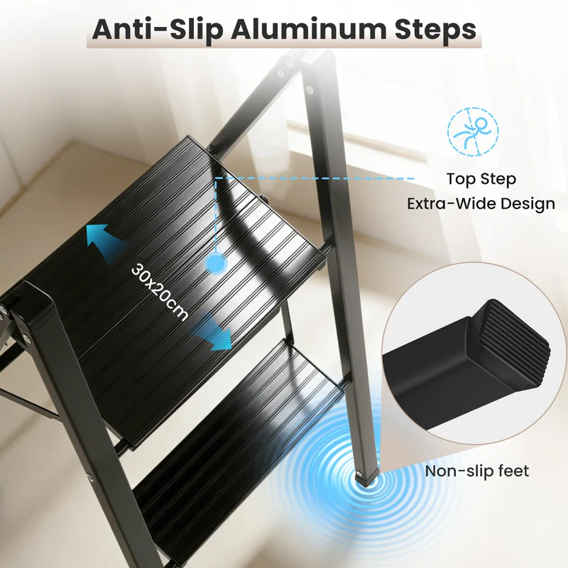 Sekey Klapptrittleiter 2 & 3 Stufen – Rutschfeste Trittleiter mit Stahlrahmen & Aluminiumstufen, TÜV & SGS geprüft, bis 150 kg, Schwarz