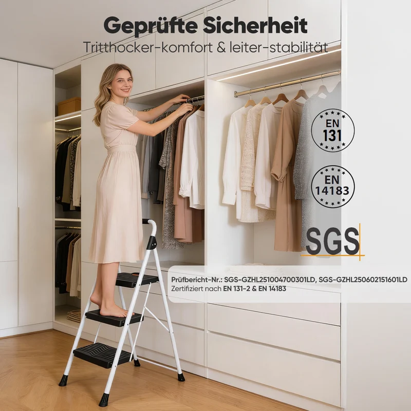 Sekey Klappbare Trittleiter 2 oder 3 Stufen – Haushaltsleiter aus Stahl mit breiten rutschfesten Kunststoffstufen, SGS EN131-2 & EN14183 geprüft, bis 150 kg belastbar