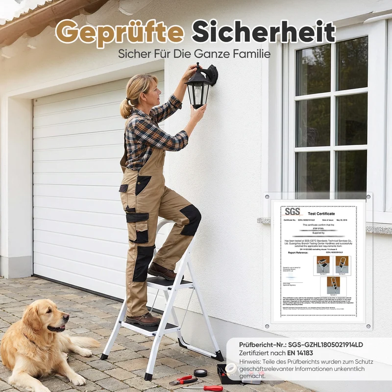 Sekey Klappbare Trittleiter 2 oder 3 Stufen – Stabile Stahlleiter, rutschfeste Stufen, platzsparend faltbar, SGS EN14183 geprüft, bis 150 kg belastbar