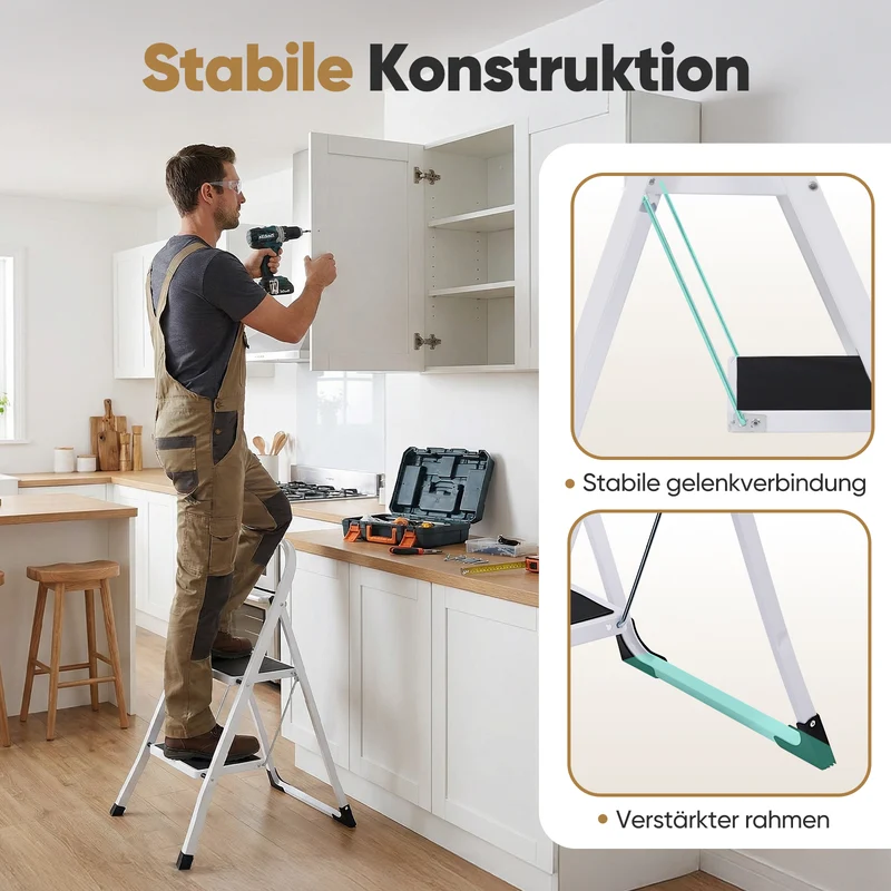 Sekey Klappbare Trittleiter 2 oder 3 Stufen – Stabile Stahlleiter, rutschfeste Stufen, platzsparend faltbar, SGS EN14183 geprüft, bis 150 kg belastbar