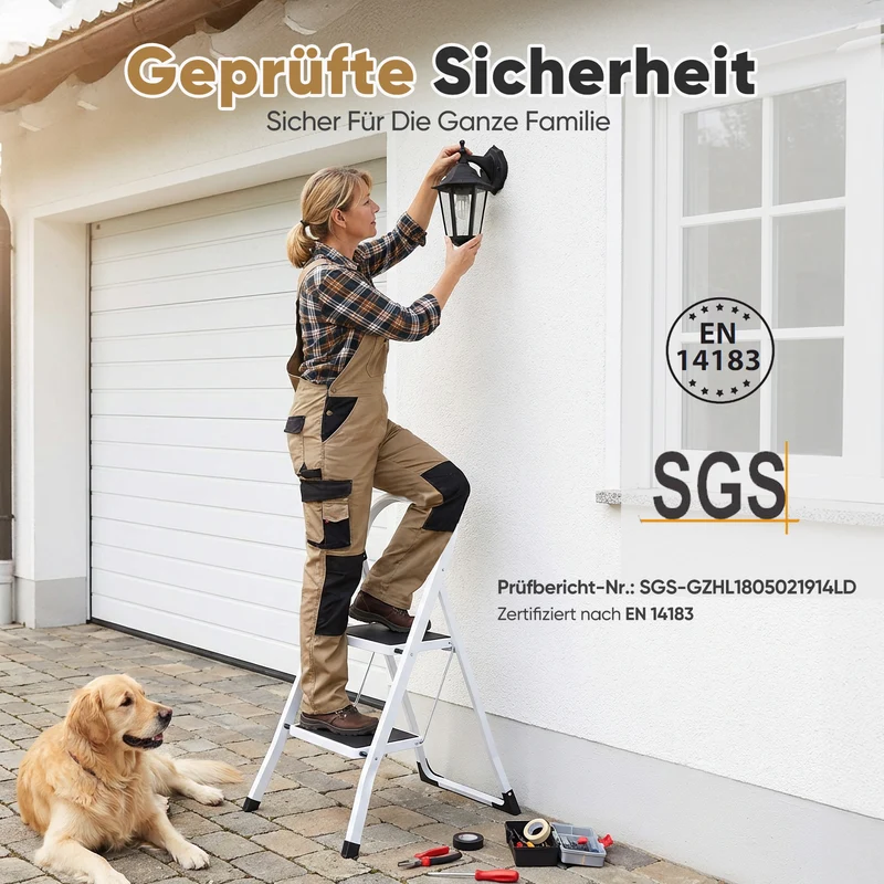 Sekey Klappbare Trittleiter 2 oder 3 Stufen – Stabile Stahlleiter, rutschfeste Stufen, platzsparend faltbar, SGS EN14183 geprüft, bis 150 kg belastbar
