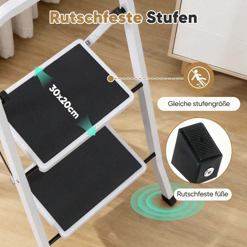 Sekey Klappbare Trittleiter 2 oder 3 Stufen – Stabile Stahlleiter, rutschfeste Stufen, platzsparend faltbar, SGS EN14183 geprüft, bis 150 kg belastbar