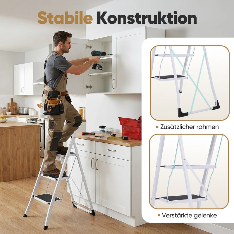 Sekey Klappbare Trittleiter 2 oder 3 Stufen – Stabile Stahlleiter, rutschfeste Stufen, platzsparend faltbar, SGS EN14183 geprüft, bis 150 kg belastbar