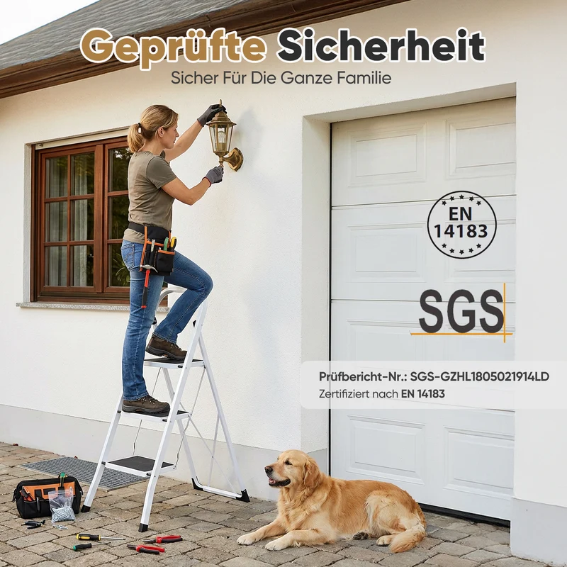 Sekey Klappbare Trittleiter 2 oder 3 Stufen – Stabile Stahlleiter, rutschfeste Stufen, platzsparend faltbar, SGS EN14183 geprüft, bis 150 kg belastbar