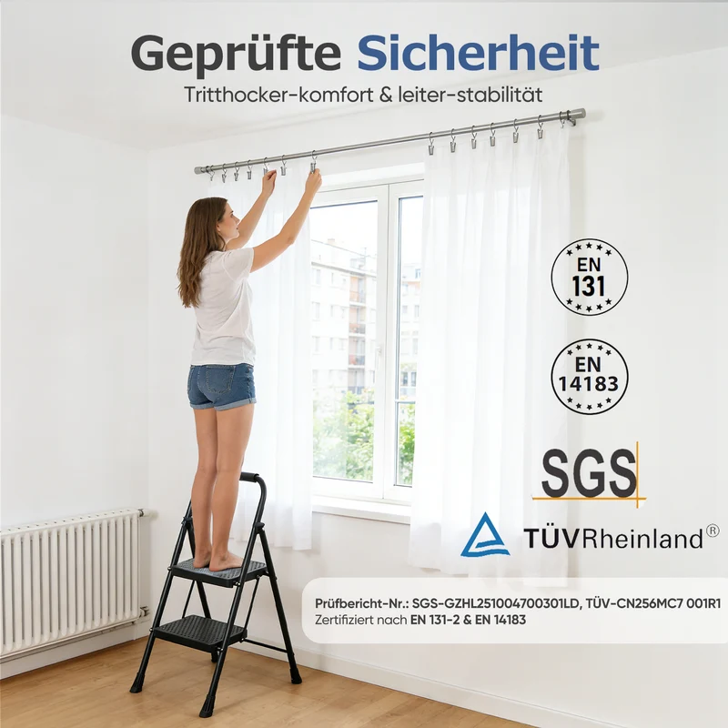 Sekey Klappbare Trittleiter 2/3/4 Stufen – Stahlrahmen, rutschfeste Trittflächen, TÜV & SGS geprüft, bis 150 kg belastbar, Schwarz
