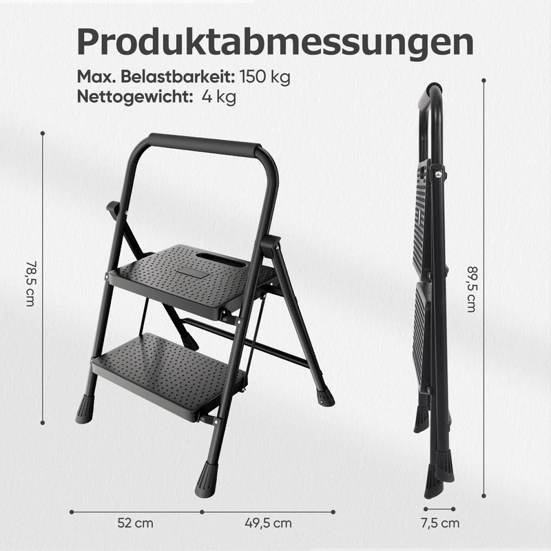 Sekey Klappbare Trittleiter 2/3/4 Stufen – Stahlrahmen, rutschfeste Trittflächen, TÜV & SGS geprüft, bis 150 kg belastbar, Schwarz