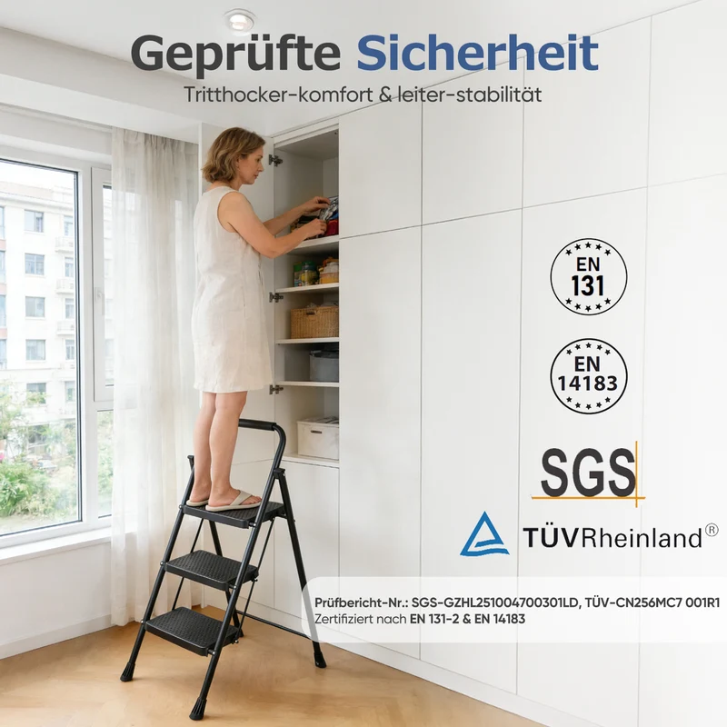 Sekey Klappbare Trittleiter 2/3/4 Stufen – Stahlrahmen, rutschfeste Trittflächen, TÜV & SGS geprüft, bis 150 kg belastbar, Schwarz