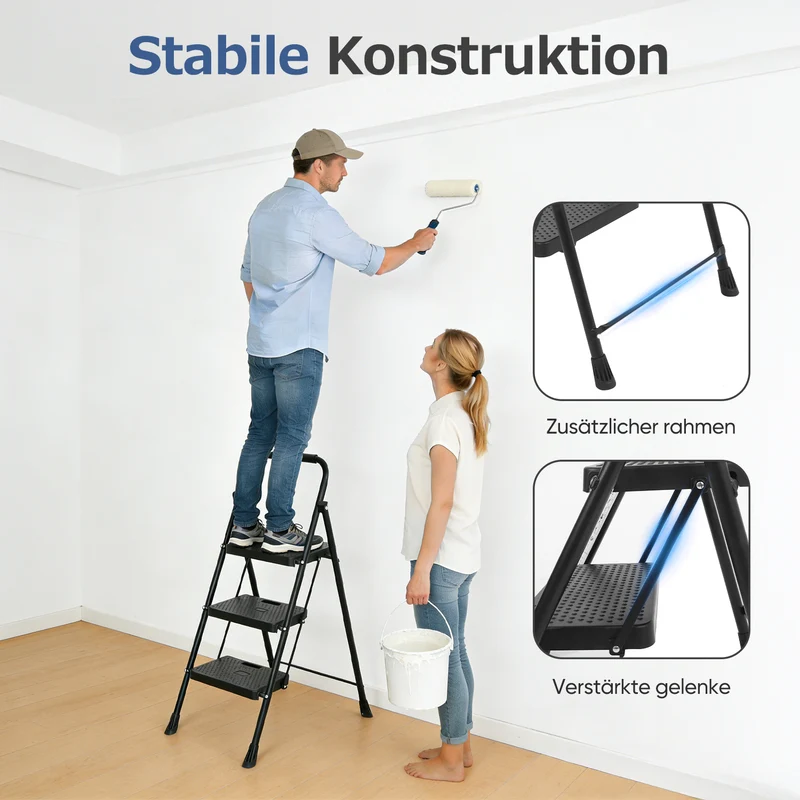 Sekey Klappbare Trittleiter 2/3/4 Stufen – Stahlrahmen, rutschfeste Trittflächen, TÜV & SGS geprüft, bis 150 kg belastbar, Schwarz