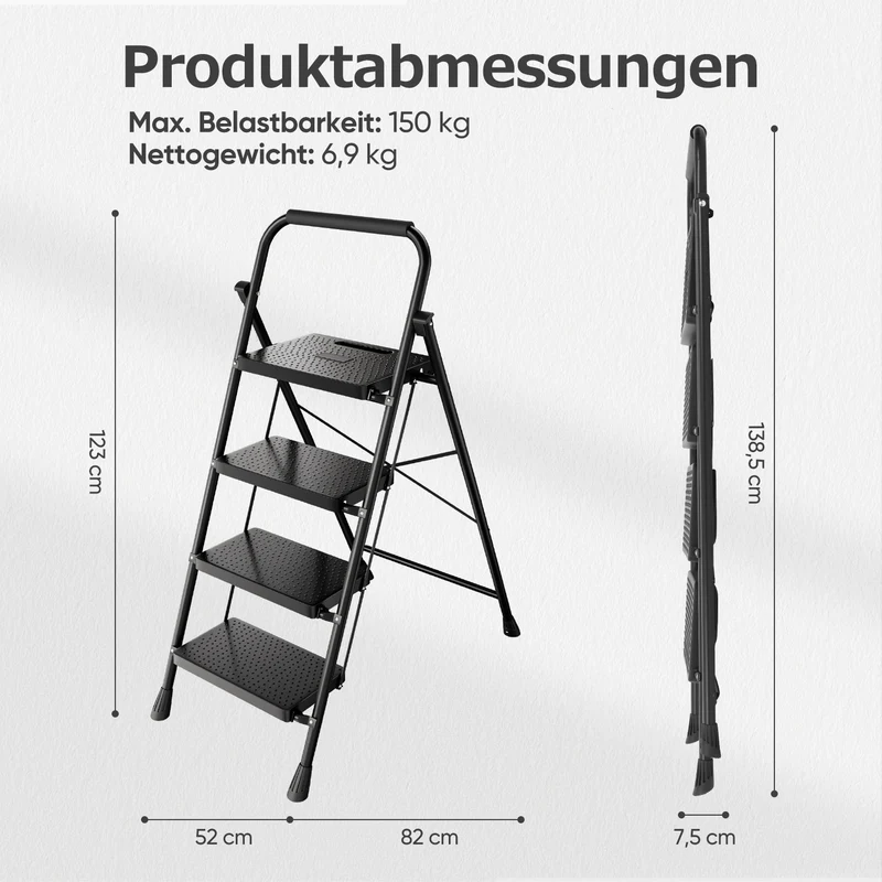 Sekey Klappbare Trittleiter 2/3/4 Stufen – Stahlrahmen, rutschfeste Trittflächen, TÜV & SGS geprüft, bis 150 kg belastbar, Schwarz