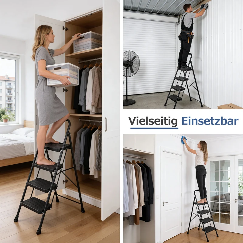 Sekey Klappbare Trittleiter 2/3/4 Stufen – Stahlrahmen, rutschfeste Trittflächen, TÜV & SGS geprüft, bis 150 kg belastbar, Schwarz