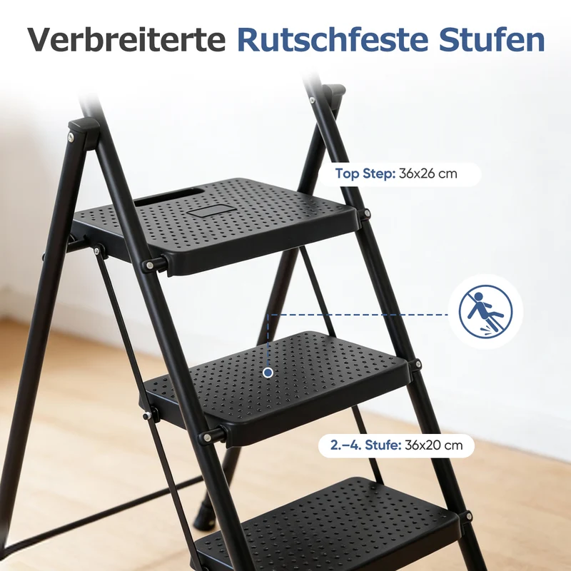 Sekey Klappbare Trittleiter 2/3/4 Stufen – Stahlrahmen, rutschfeste Trittflächen, TÜV & SGS geprüft, bis 150 kg belastbar, Schwarz