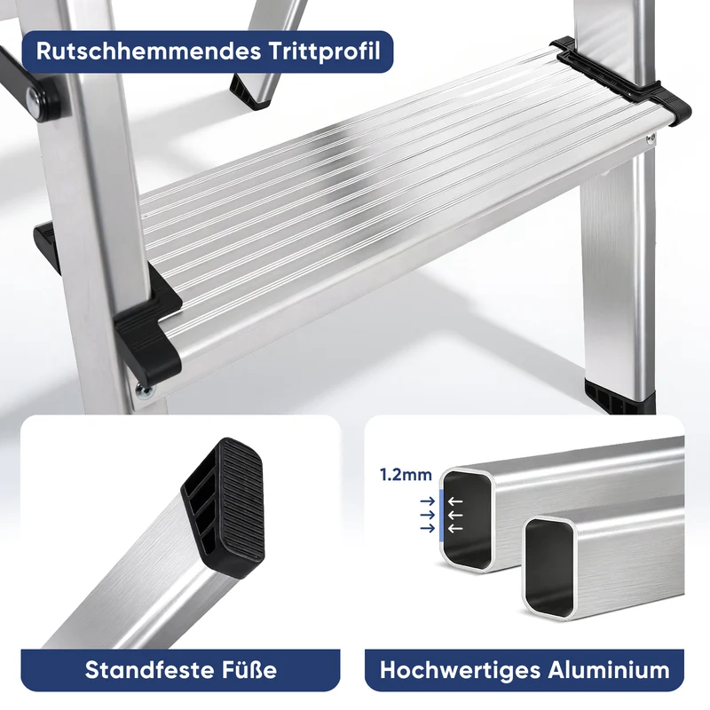 Sekey Trittleiter 3 Stufen aus Aluminium – Beidseitig Begehbar, Rutschfest, TÜV & SGS geprüft, bis 150 kg belastba