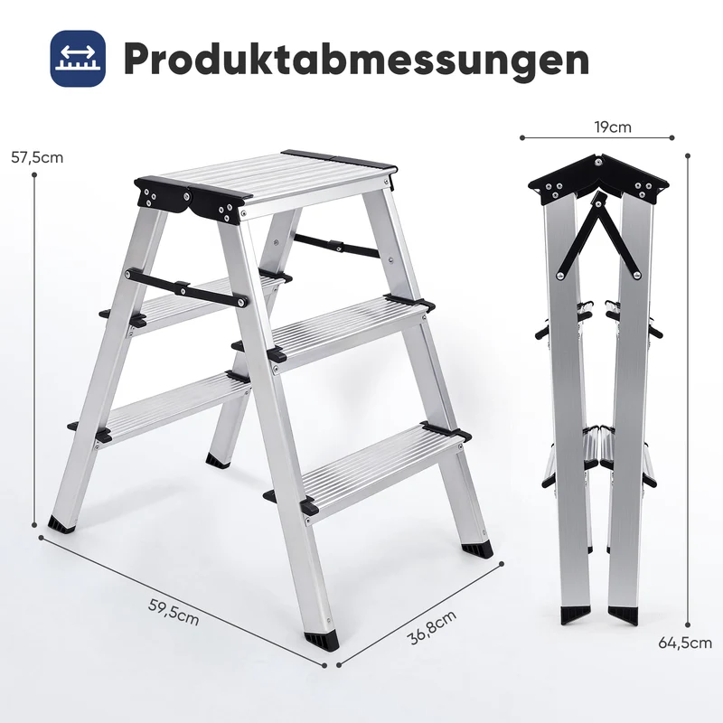Sekey Trittleiter 3 Stufen aus Aluminium – Beidseitig Begehbar, Rutschfest, TÜV & SGS geprüft, bis 150 kg belastba