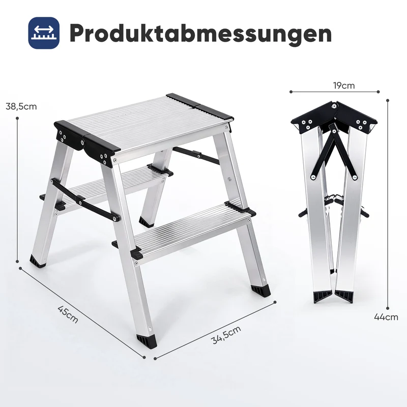 Sekey Aluminium Klappleiter 2 Stufen – Beidseitig Begehbar, Rutschfest, TÜV & SGS geprüft, bis 150 kg belastbar