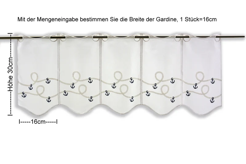nach Maß Scheibengardine Anker Tau bestickt Bistrogardine blau weiß versch. Höhen