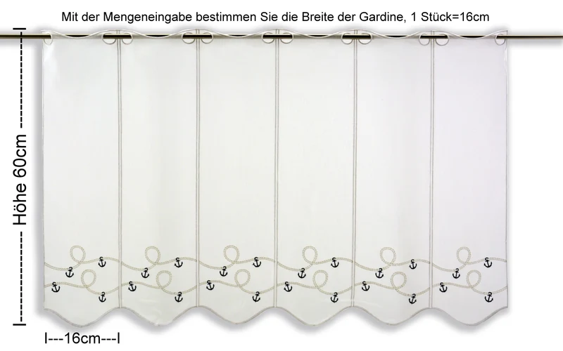 nach Maß Scheibengardine Anker Tau bestickt Bistrogardine blau weiß versch. Höhen