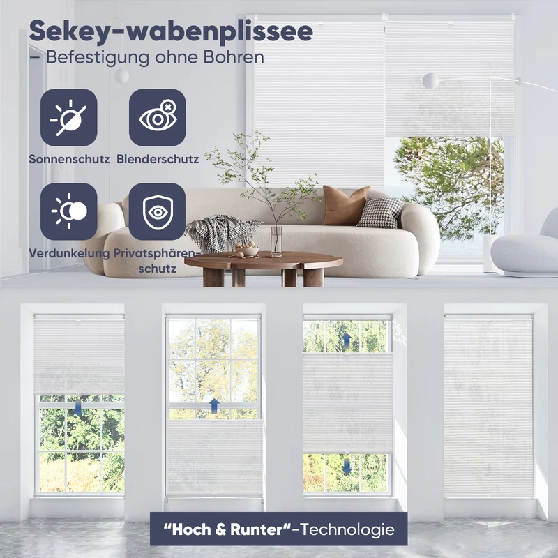 Sekey Plissee ohne Bohren Blickdichtes Lichtschutz-Plissee mit glatter, sichtlochfreier Vorderseite