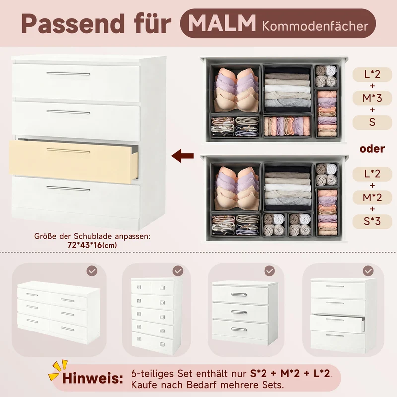 Sekey Aufbewahrungsboxen Set S 6er Stoffboxen in verschiedenen Größen | Faltbar, formstabil & ideal für Schubladen