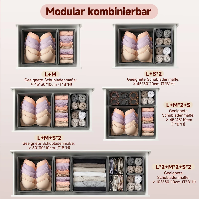 Sekey Aufbewahrungsboxen Set S 6er Stoffboxen in verschiedenen Größen | Faltbar, formstabil & ideal für Schubladen