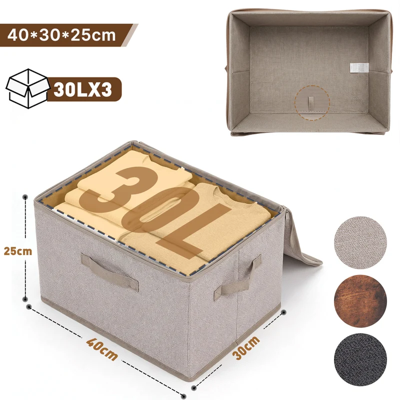 Sekey Aufbewahrungsboxen 3er Set mit Deckel | Stoffboxen 40 × 30 × 25 cm formstabil, faltbar & vielseitig einsetzbar