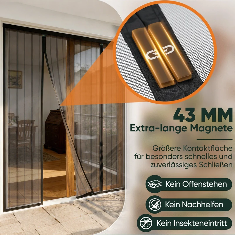 Sekey Insektenschutz Tür Magnet ohne Bohren – Fliegengitter Doppeltür für Balkon- & Terrassentür, 158×206 / 188×206 / 200×240 cm, Mückenschutz für Schiebetür