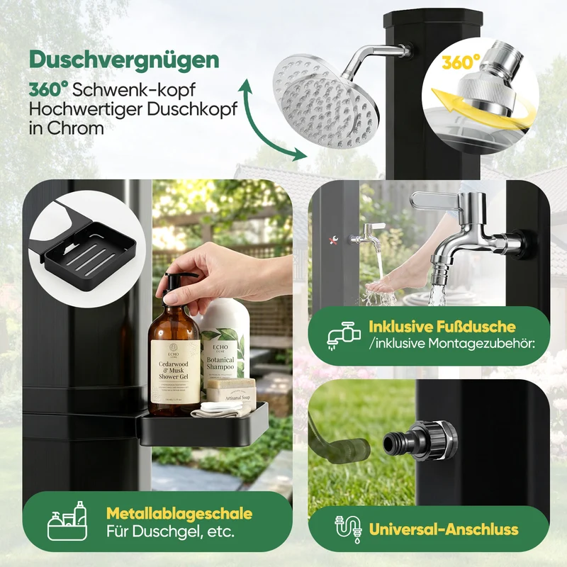 Sekey Gartendusche, Solardusche 40L / 60L Gartendusche mit Regenduschkopf & Fußdusche – bis 60°C, ohne Strom für Garten, Pool & Camping